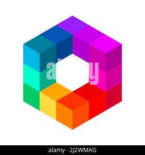 Colorato 3D cubo fatto di piccoli cubetti. Forma cubica dell'arcobaleno. Posizionare il testo al centro. Oggetto forma geometrica poligonale. Design astratto del logo Illustrazione Vettoriale