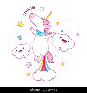 Carino unicorno che galleggia in aria e si allena con arcobaleno e fumo che esplode dal suo fondo. Cartoon farting unicorn e iscrizione posso volare. CAN Illustrazione Vettoriale