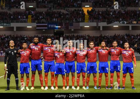 SAN JOSE, Costa Rica: La squadra del Costa Rica prima della vittoria del Costa Rica sopra gli Stati Uniti 2-0 nei qualificatori della Coppa del mondo FIFA del CONCACAF il 30 marzo 2022, in Foto Stock