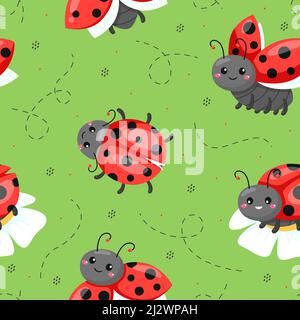 Fumetto ladybugs modello senza giunture. Coleotteri rossi colorati con puntino nero polka, volare, strisciando insetti divertenti su camomiles su sfondo verde. Arredamento Illustrazione Vettoriale