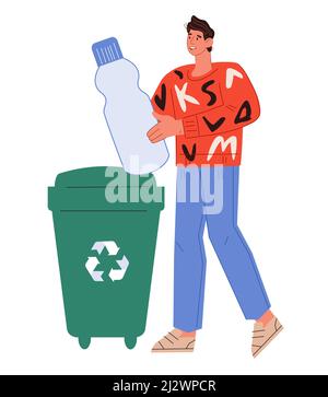 L'uomo responsabile smista i rifiuti per il riciclaggio e lo smaltimento dei rifiuti di plastica. Concetto di ambiente ed ecologia, illustrazione vettoriale piatta isolata su bianco b Illustrazione Vettoriale