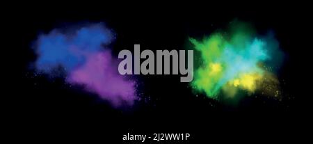 Esplosioni di polvere di colore isolate su sfondo nero. Schizzi e spruzzi di polvere di vernice con particelle. Vettore realistico insieme di effetto burst di colorful Illustrazione Vettoriale
