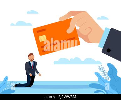 Schiavitù, dipendenza dal credito. Enorme debito finanziario, carta di tenuta della mano della banca, uomo d'affari frustrato triste, fallimento della gente, problemi di soldi, prestito e ipoteca Illustrazione Vettoriale