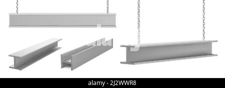 Travi in acciaio, travi industriali dritte in metallo appese su catene per lavori edili e di costruzione gru sollevamento balle in ferro isolate su bianco Illustrazione Vettoriale