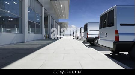 Furgoni commerciali in fila con pavimento vuoto e costruzione di fabbrica behide. Concetto di servizio di spedizione e consegna espresso. 3d rendering Foto Stock