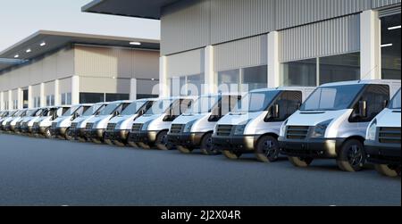 Furgoni commerciali in fila con pavimento vuoto e costruzione di fabbrica behide. Concetto di servizio di spedizione e consegna espresso. 3d rendering Foto Stock