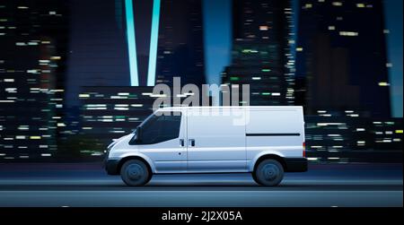 Servizio di trasporto in pulmino che guida su una strada cittadina di notte di fronte a un paesaggio urbano moderno. 3d illustrazione Foto Stock