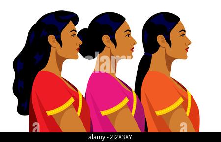 Donne indiane. Diverse belle donne indiane luminose in abiti nazionali. Acconciature, indumenti, volti diversi. Vista laterale verticale, avatar. Moderna ve Illustrazione Vettoriale