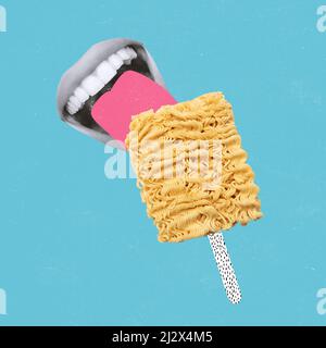 Collage d'arte Contemporray. Bocca femminile mangiare noodles come gelato isolato su sfondo blu Foto Stock