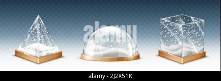 Cubo di vetro realistico, piramide e cupola con fiocchi di neve, souvenir di natale globo di neve isolato su sfondo trasparente, contenitori di cristallo sulla base. Illustrazione Vettoriale