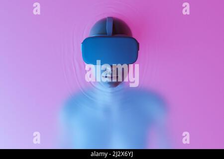 Vista dall'alto di donne in liquido che sperimentano il cyberspazio in futuristici occhiali per realtà virtuale su sfondo rosa. 3d rendering Foto Stock