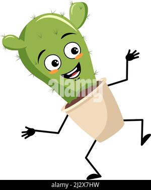 Carino personaggio cactus in pentola con allegra emozione, faccia gioiosa, occhi sorridenti, braccia e gambe. Houseplant con espressione divertente. Illustrazione piatta vettoriale Illustrazione Vettoriale