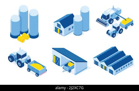 Magazzino isometrico, granaio e trattore. Magazzini per stoccaggio di grano e fieno, hangar industriali e veicoli agricoli Illustrazione Vettoriale