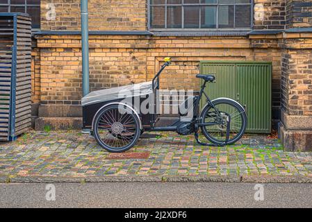 Una bicicletta di famiglia del carico del triciclo con la scatola per il trasporto dei bambini si trova su una strada nella città vecchia. Copenaghen, Danimarca Foto Stock