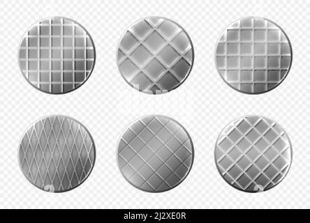 Teste per chiodi vista dall'alto, perni in acciaio con ornamento a scacchi, punte in metallo tappi grigi con scanalature, nuovi chiodi isolati su sfondo trasparente Illustrazione Vettoriale