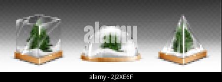 Globi di neve con albero di natale su base di legno isolato su sfondo trasparente. Vettore realistico mockup di sfere di cristallo con neve bianca e verde Illustrazione Vettoriale
