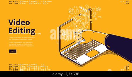 Pagina di destinazione isometrica per l'editing video. Produzione di film, software per computer o applicazione per montaggio di film. Puntamento della mano sullo schermo del notebook con l'app per Illustrazione Vettoriale