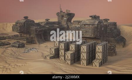 Avamposto abbandonato nel deserto su un pianeta alieno con cielo arancione. Illustrazione del concetto di fantasia di fantascienza 3D. Foto Stock