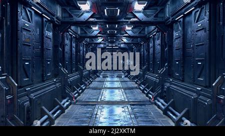 Corridoio futuristico in una nave o stazione spaziale fantascientica fantasy. 3D rendering. Foto Stock