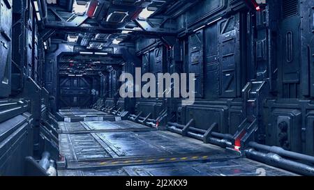 Corridoio fantascientesco in una futuristica nave spaziale o stazione. 3D illustrazione. Foto Stock
