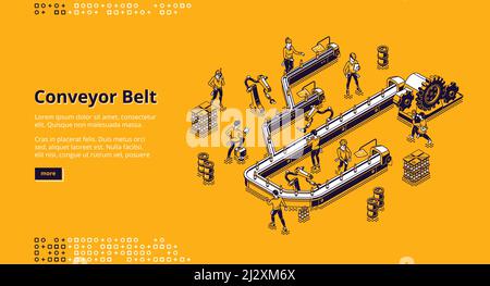 Nastro trasportatore in fabbrica, stabilimento o magazzino. Linea di produzione officina con macchine automatizzate. Landing page vettoriale con persone isometriche e mezzi di trasporto Illustrazione Vettoriale