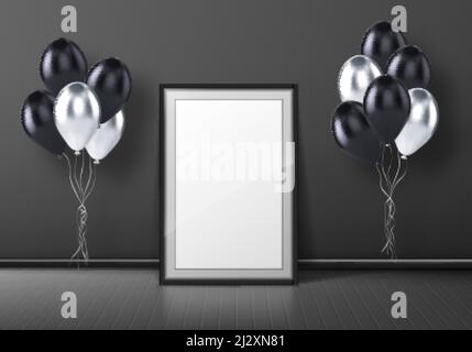 Cornice fotografica nera in piedi sul pavimento in camera vuota con palloncini. Vettore realistico mock-up di interni decorazione con poster bianco, bianco e nero bal Illustrazione Vettoriale