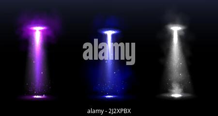 Raggi luminosi UFO, raggi luminosi da astronavi alieni. Vettore realistico insieme di effetto di riflettori di piattino volante illuminato nebbia e particelle. Spacecra Illustrazione Vettoriale