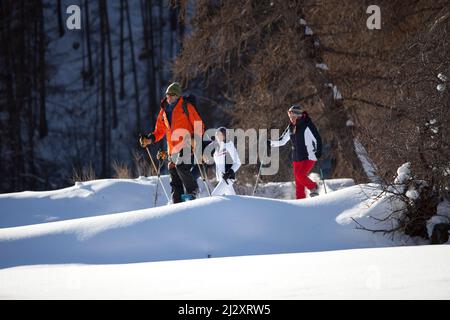 Serre-Chevalier (Alpi francesi, Francia sud-orientale): Gruppo di turisti e guida durante un'escursione con racchette da neve, in montagne medie che circondano il male Foto Stock