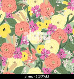 Motivo floreale senza giunture. Sfondo floreale luminoso con stampe di fiori e fiori. Illustrazione vettoriale piatta colorata per tessuti. Texture ricorrente Illustrazione Vettoriale