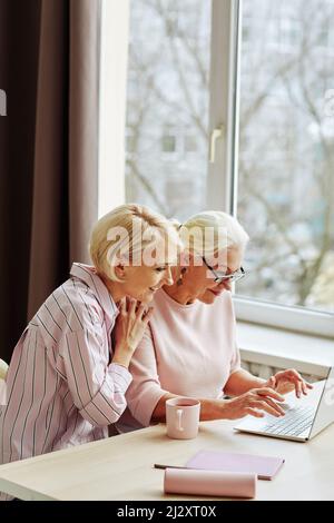 Ritratto laterale della giovane donna con madre anziana che usa il computer insieme contro la finestra a casa Foto Stock