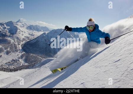 Stazione sciistica di Montgenevre (Alpe Francese, Francia sud-orientale): Donna, sciatore freeride sci in neve polverosa, sci off-pista, sci di fondo Foto Stock