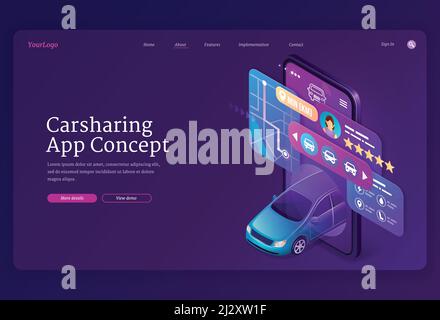 Pagina di destinazione isometrica del concetto dell'app di condivisione. Servizio mobile di condivisione auto online, uscita automatica dallo schermo dello smartphone, mappa della città e applicazione per o. Illustrazione Vettoriale