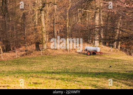 Un camion mobile del barile assicura l'approvvigionamento di acqua per bestiame sul pascolo nella Germania rurale Foto Stock