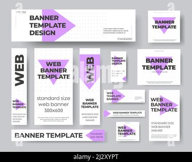 Banner web vettoriali geometrici con triangoli viola e grigio. Progettazione di pubblicità e social media. Kit di dimensioni standard Illustrazione Vettoriale