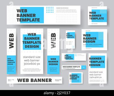 Set di banner web geometrici vettoriali con rettangolo blu e quadrati grigi. Modello per pubblicità e social media. Design di esempio Illustrazione Vettoriale