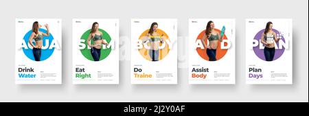 Set di volantini vettoriali con una ragazza in un cerchio colorato su sfondo bianco. Progettazione di un poster per la pubblicità sul tema dello sport, della nutrizione e. Illustrazione Vettoriale