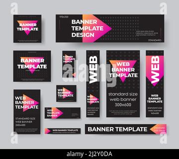 Set di banner Web neri standard, con triangoli sfumati viola, per pubblicità in un negozio online, social media. Poster geometrici modello, schede Illustrazione Vettoriale