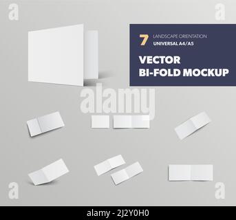 Mockup standard universale A4, A5 bifold, con ombre realistiche, orientamento orizzontale brochure, per la presentazione del design. Il modello dell'opuscolo vuoto è Illustrazione Vettoriale