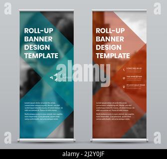 Banner roll up template con design geometrico per presentazioni, stampa e pubblicità mediatica. Layout di elegante poster vettoriale marrone e verde isolato Illustrazione Vettoriale