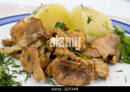 Stufati chanterelles in salsa bianca con patate bollite con erbe fresche: Prezzemolo e aneto. Foto Stock