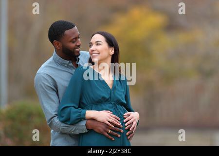 Coppia interrazziale con una moglie incinta innamorata che guarda suo marito in piedi in un parco Foto Stock