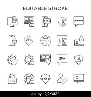 2fa autenticazione a due fattori. Verifica password e sicurezza. Codice per telefono o computer. Serie di icone lineari. Illustrazione vettoriale. Illustrazione Vettoriale