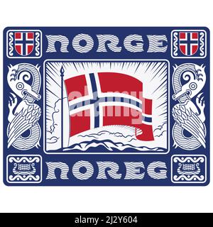 Design in stile scandinavo. Bandiera norvegese ai raggi del sole nascente, cornice decorativa con draghi in stile Old Norse Illustrazione Vettoriale
