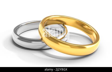 anelli di nozze in argento e oro. 3d rendering Foto Stock
