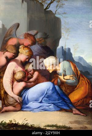 Santa Famiglia con il Bambino San Giovanni Battista, Santa Elisabetta e tre figure dell'artista francese, Lubin Baugin (c.. 1612-1663), olio su legno, c.. 1642 Foto Stock