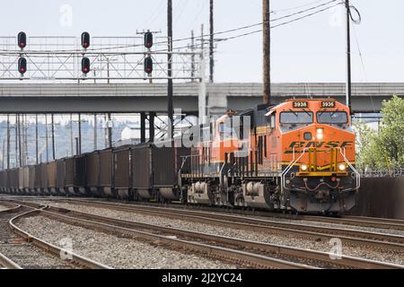 Seattle - 03 aprile 2022; il treno a carbone BNSF caricato passa in direzione nord attraverso il centro di Seattle e sotto un portale di segnalazione Foto Stock