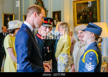 HILLSBOROUGH, IRLANDA DEL NORD. 14 GIU 2016: Prince William, il Duca di Cambridge soddisfa gli ospiti davanti al Segretario di Stato annuali di party in giardino. Foto Stock