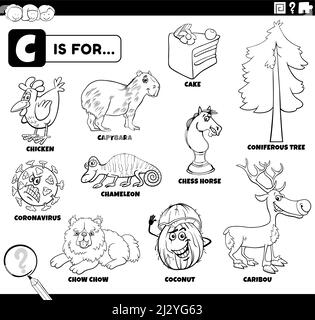 Illustrazione di fumetti e oggetti in bianco e nero che iniziano con la lettera C impostata per i bambini che colorano la pagina del libro Illustrazione Vettoriale