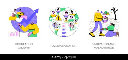 Set di illustrazioni vettoriali del concetto astratto dei dati demografici. Crescita demografica, sovrappopolazione, fame e malnutrizione, crescita della quantità umana, fame e mancanza di cibo, metafora astratta dell'urbanizzazione. Illustrazione Vettoriale