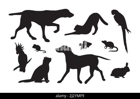 Set vettoriale di colore nero, silhouette diversa per animali isolati su sfondo bianco Illustrazione Vettoriale